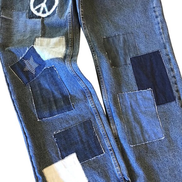 Men’s Patchwork Jeans, Size 34-34: Upcycled Denim 1970s Hippie Boho Retro Pants - Picture 5 of 10